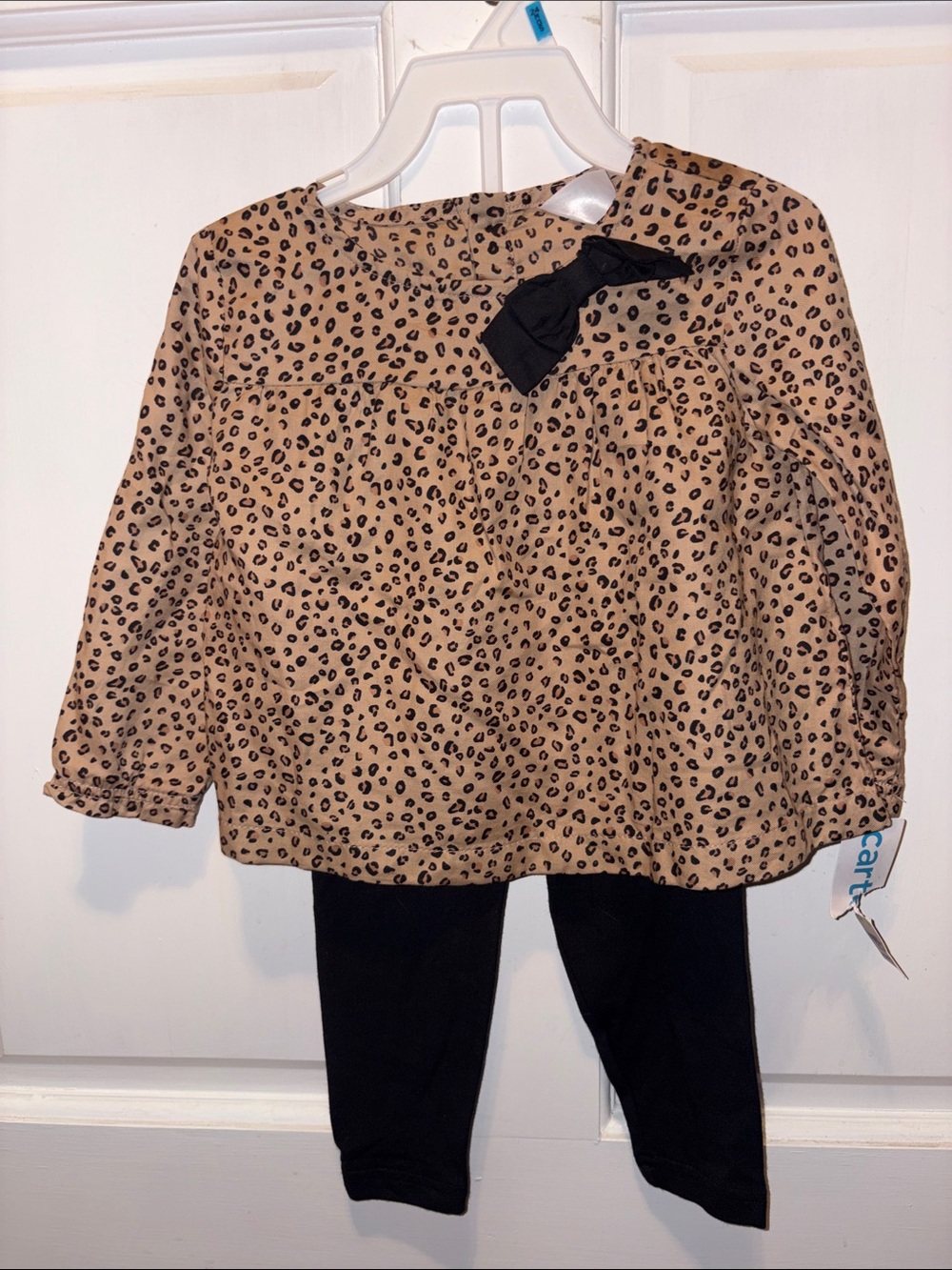 Carter's Tan Leopard Print Top with Black Bow & Black Leggings